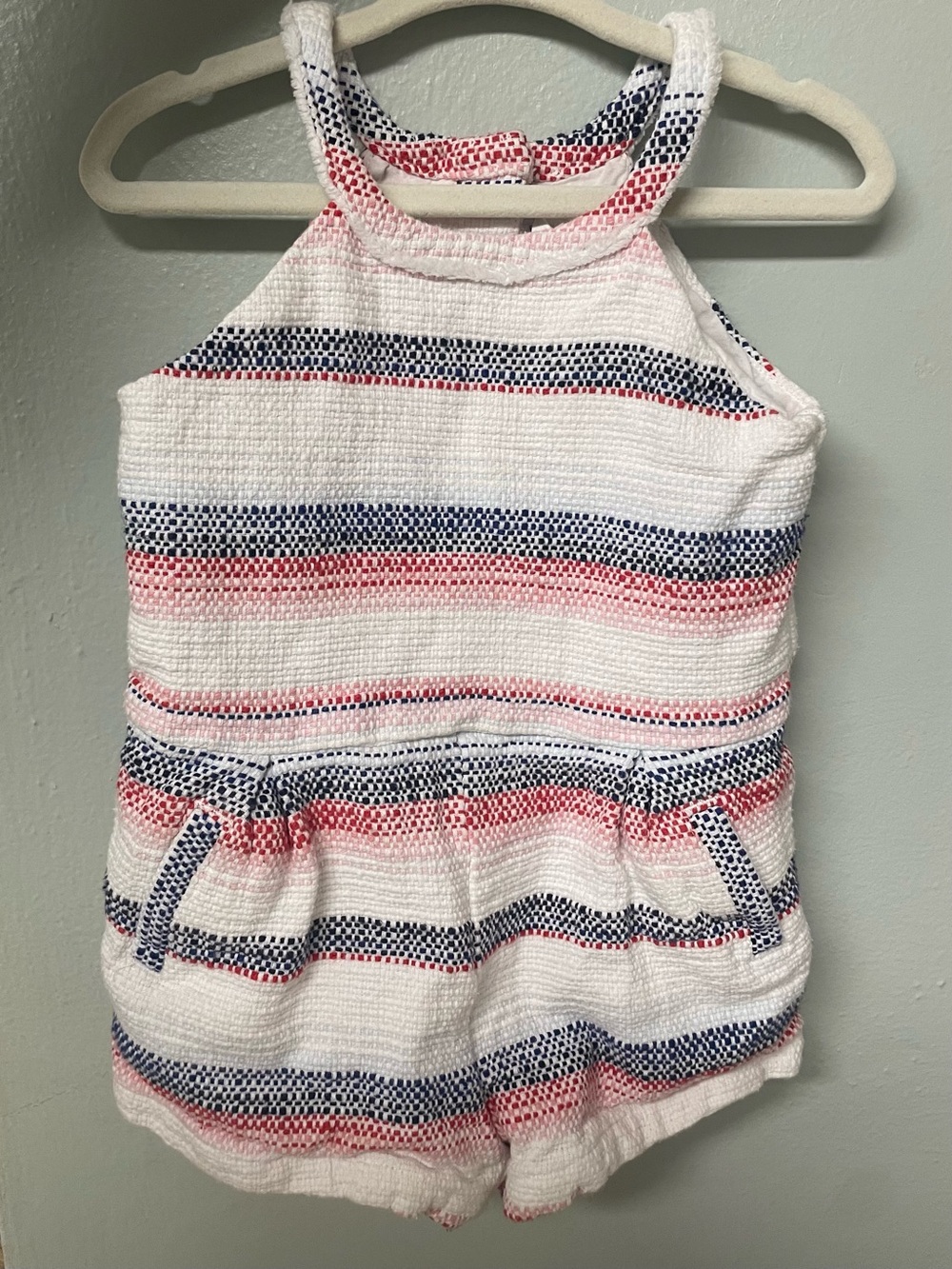Janie and Jack White Halter Romper with Navy and Red Stripes